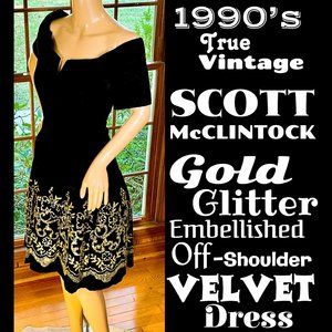 ⭐️HP(X2)⭐️VTG▪️SCOTT McCLINTOCK▪️Glitter Embellished Off-Shoulder Velvet Dress